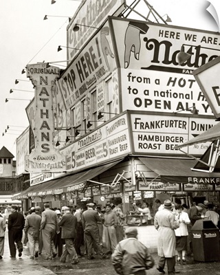 A crowd outside of Nathan's Famous in Coney Island, Brooklyn, 1954