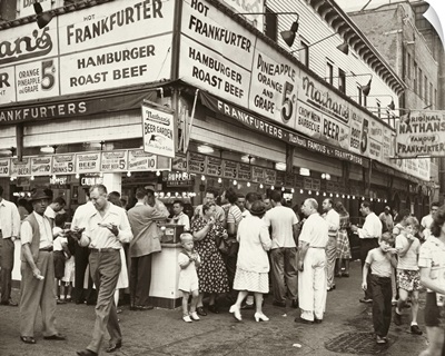 A crowd outside of Nathan's Famous in Coney Island, Brooklyn, New York, 1947