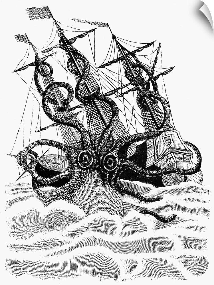 Giant Octopus. A Giant Octopus Attacking A Vessel. Line Engraving, French, After A Picture In the Church Of St. Malo, Fran...