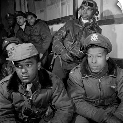 A group of Tuskegee Airmen attending a briefing at Ramitella Airfield in Italy, 1945