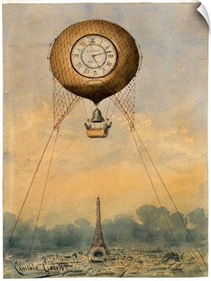 A hot air balloon suspended above the Eiffel Tower in Paris, France, 1890