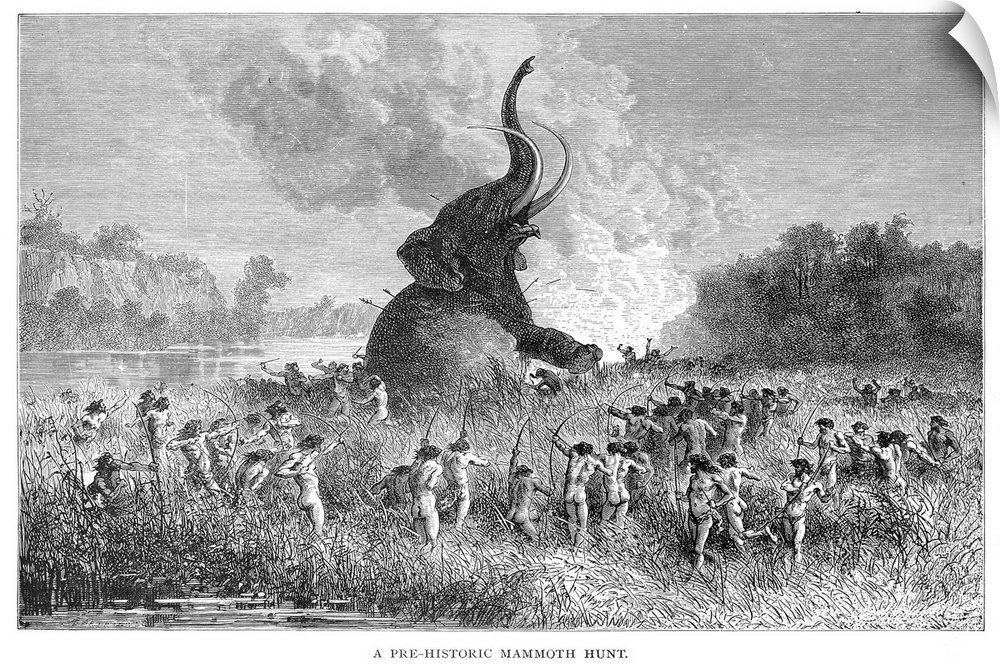 Mammoth Hunt. 'A Prehistoric Mammoth Hunt.' Wood Engraving, Late 19th Century.