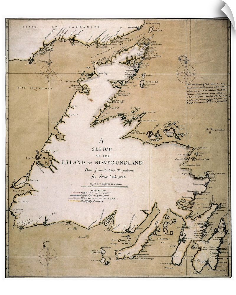 Cook, Newfoundland, 1763. 'A Sketch Of the Island Of Newfoundland' Drawn In 1763 By James Cook When He Was A Sailing-Maste...