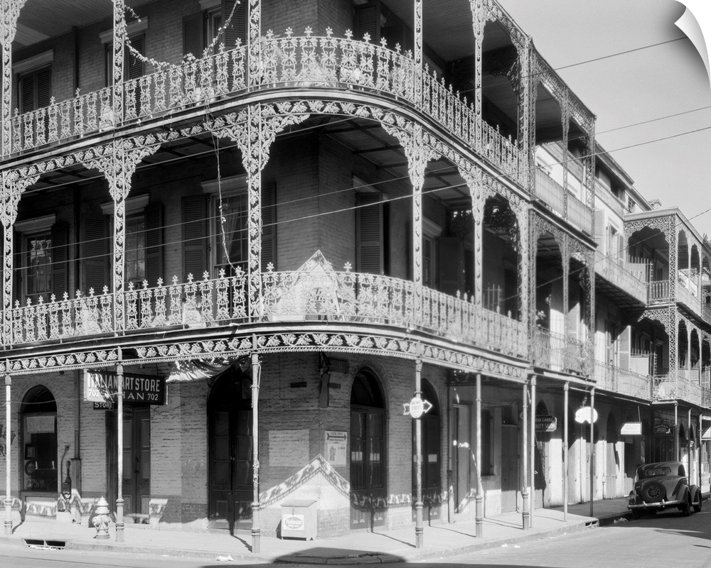 A view of the cast-iron lacework balconies of the LaBranche house on the corner of Royal and St. Peter Streets in New Orle...