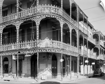 A view of the cast-iron lacework balconies of the LaBranche house, New Orleans