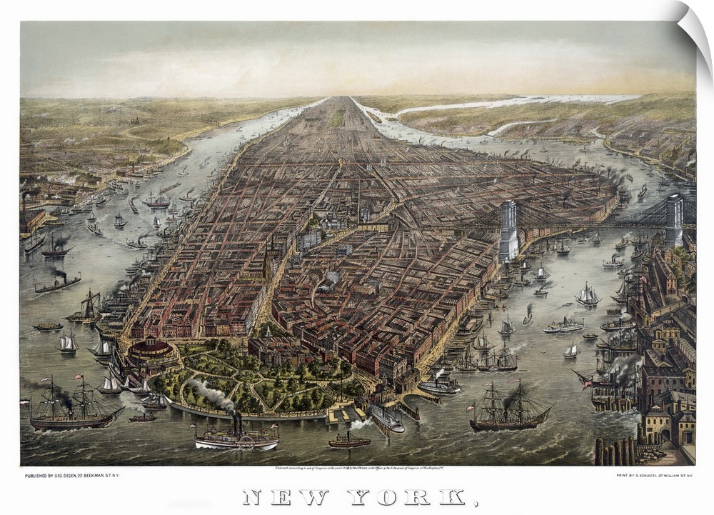 Aerial view of New York City, looking north from Lower Manhattan. Lithograph by George Schlegel, c1873.