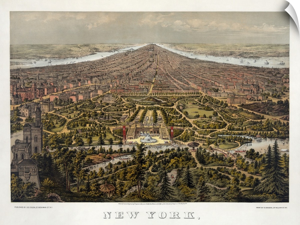 Aerial view of New York City, looking south over Central Park. Lithograph by George Schlegel, c1873.