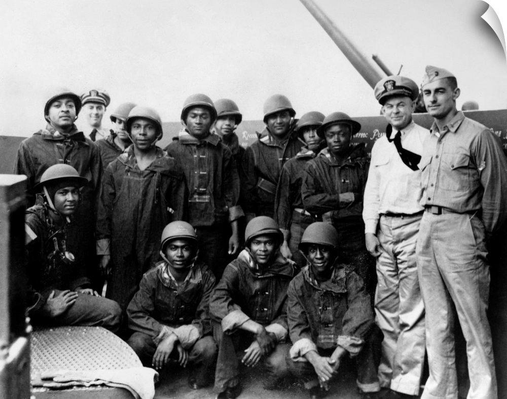 African American troops of the U.S. Navy photographed in battle dress, July 1942.