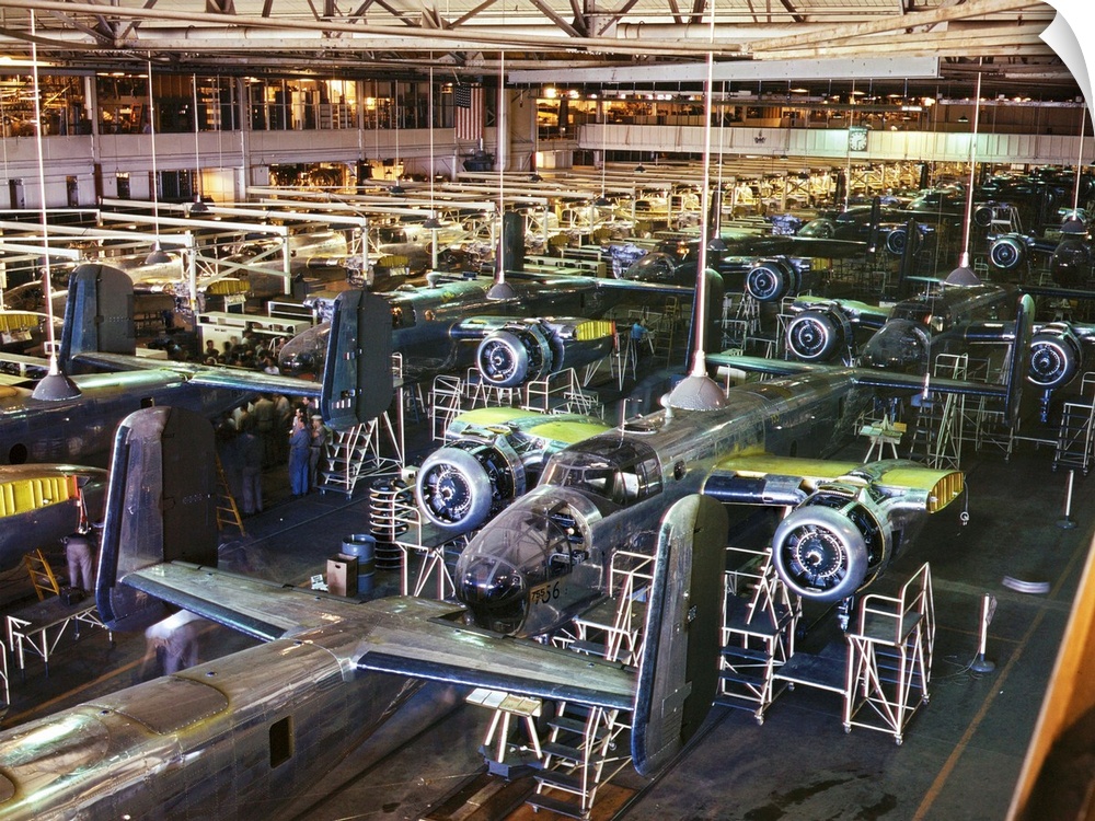 Assembly line production of B-25 bomber aircraft at the North American Aviation plant in Inglewood, California, during Wor...