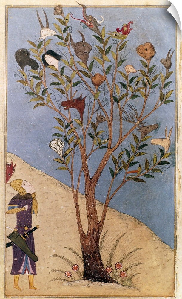 Alexander the Great contemplates the Talking Tree during the end of his travels. Illumination from a Timurid Shanameh, fro...