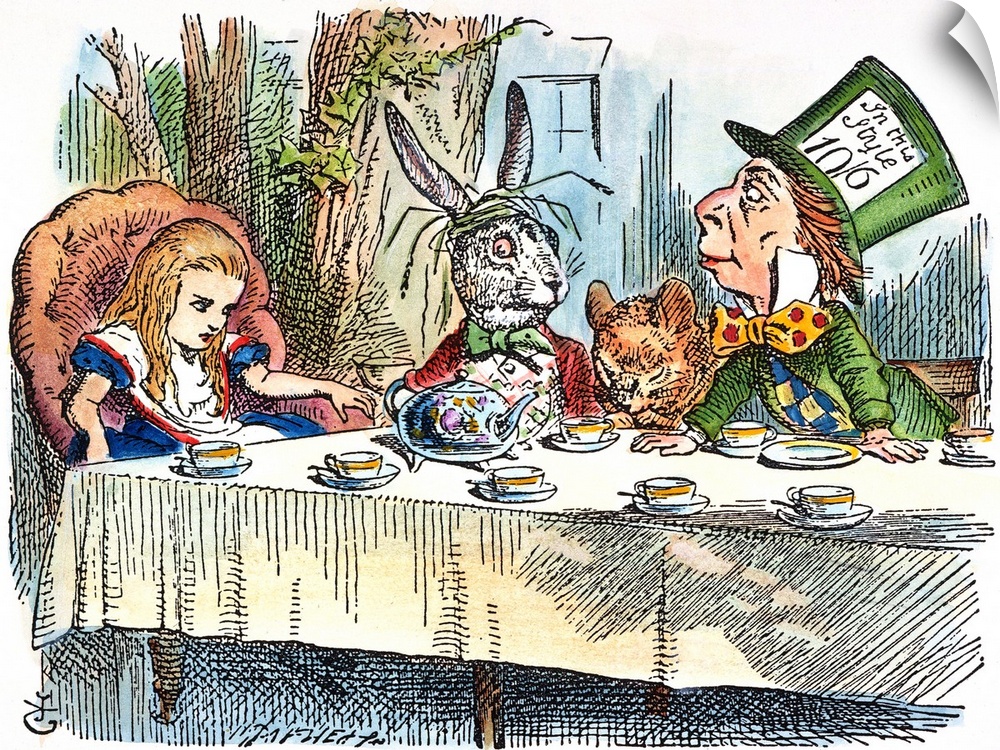 Alice joins the March Hare, the Hatter, and the Dormouse for a Mad-Tea Party. Wood engraving after the design by Sir John ...