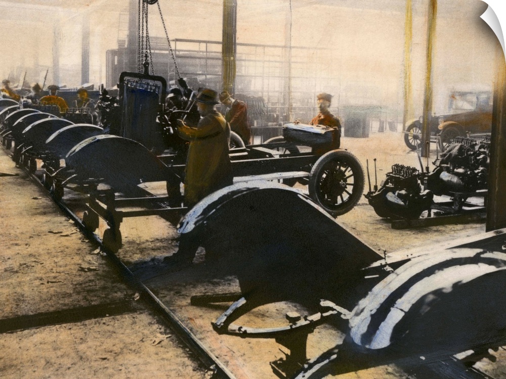 An American auto assembly line. Oil over a photograph, c1910.