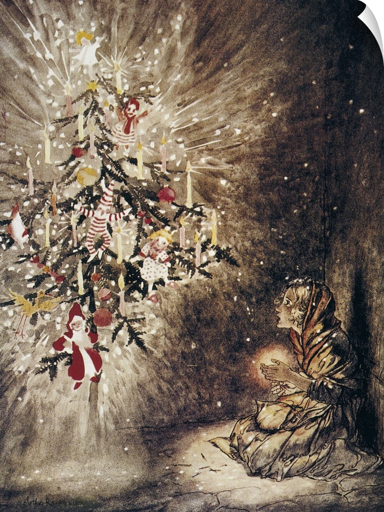 'She was sitting under the loveliest Christmas tree.' Drawing, 1932, by Arthur Rackham for the fairy tale by Hans Christia...