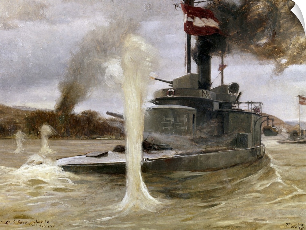 Austrian monitors 'Koros' and 'Leitha' on the Danube River, shelling Belgrade during World War I. Painting by Max Poosch-G...