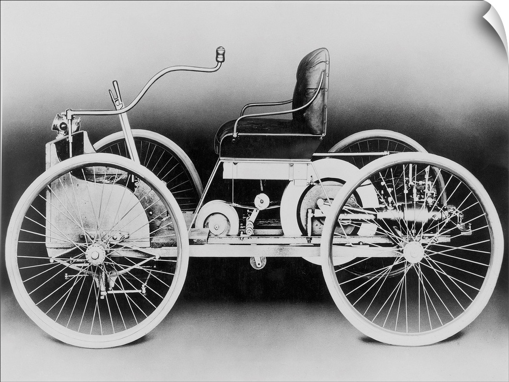 The Quadricycle of 1896, the first automobile built by Henry Ford, powered by a two-cylinder gasoline engine and attaining...