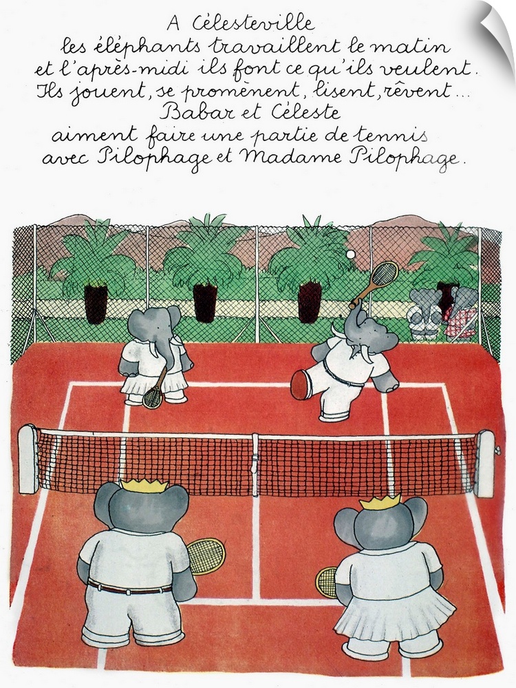 Babar, king of the elephants, and Celeste playing tennis at Celesteville. Illustration from one of Jean de Brunhoff's Baba...