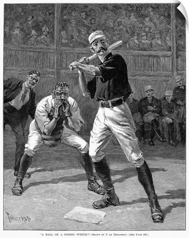 'A Ball or a Strike - Which?' Wood engraving, American, 1888, after a drawing by Thure de Thulstrup.