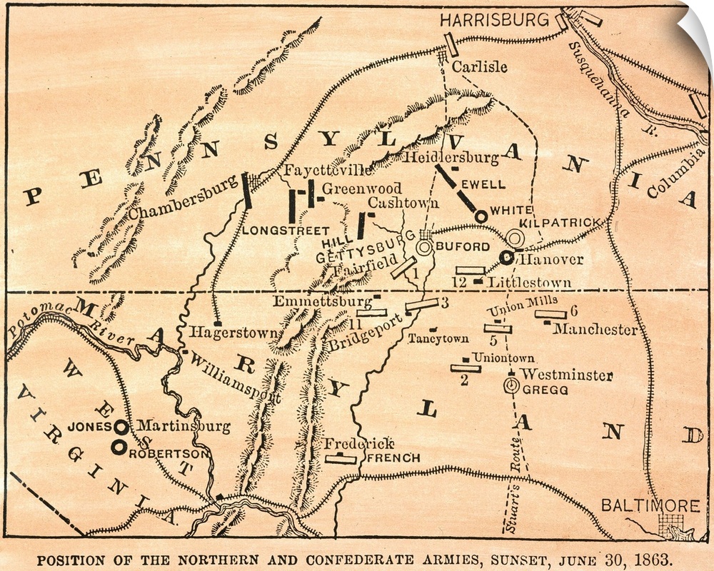 Battle Of Gettysburg, 1863. Map Showing the Positions Of the Union And Confederate Forces On the Eve Of the Battle Of Gett...