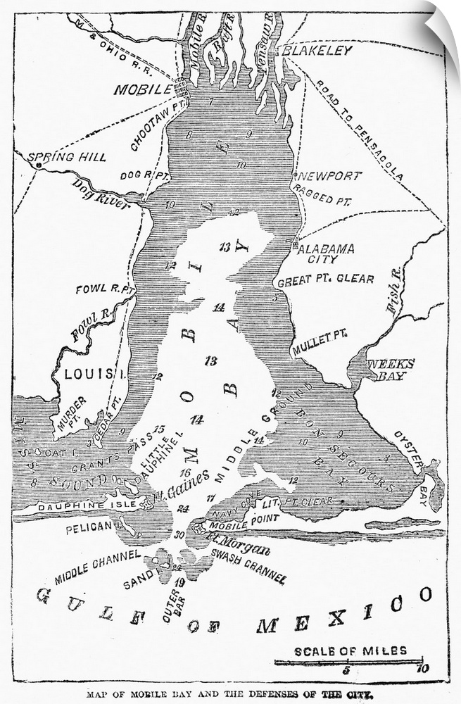 Battle Of Mobile Bay, 1864. Map Of the Site Of the Union Naval Victory At the Battle Of Mobile Bay, Alabama, 5 August 1864...