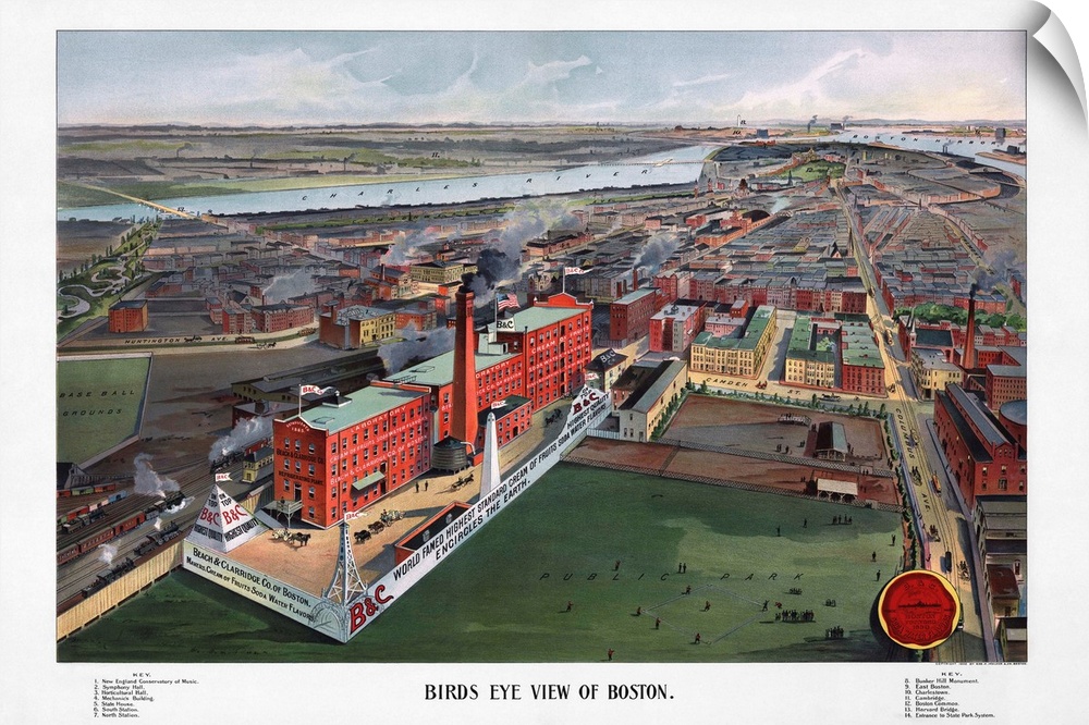 Boston, 1902. Bird's Eye View Of Boston, Massachusetts, Looking Towards the Charles River And Boston Harbor, With A Beach ...