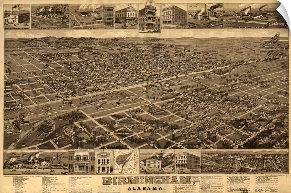 Map, Birmingham, Alabama. 'Birmingham, Alabama.' Lithograph, C1885.