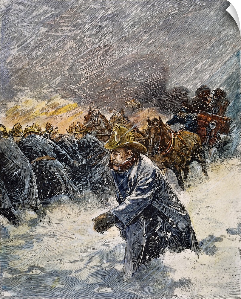 Firemen struggle to answer a fire alarm during the great blizzard of March 12-14, 1888. Contemporary colored engraving.