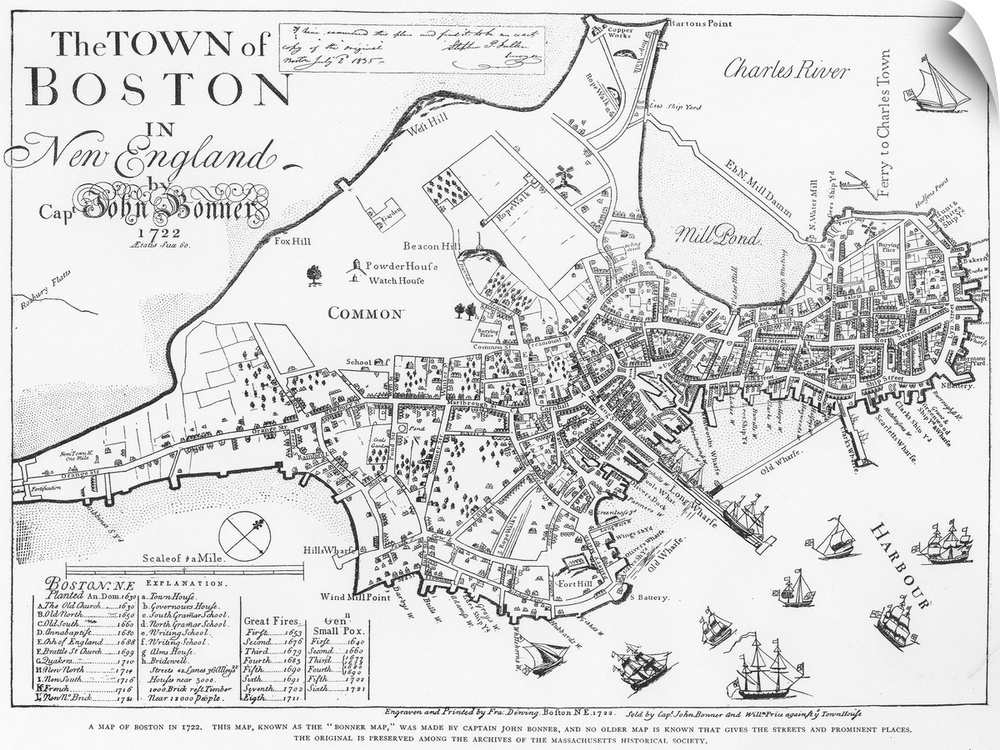 Boston Map, 1722. Engraved Facsimile By George G. Smith, 1835, Of A Map Of Boston, Massachusetts, By John Bonner, First Pr...
