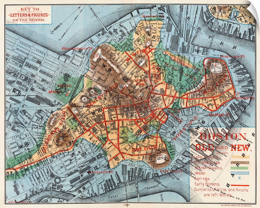 Map, Boston, C1880. 'Boston Old And New.' A Map Of Boston, Massachusetts, C1880, By Justin Winsor, Showing the City's Expa...