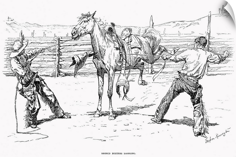 Bronco Busters Saddling. Wood Engraving, 1888, After A Drawing By Frederic Remington (1861-1908).