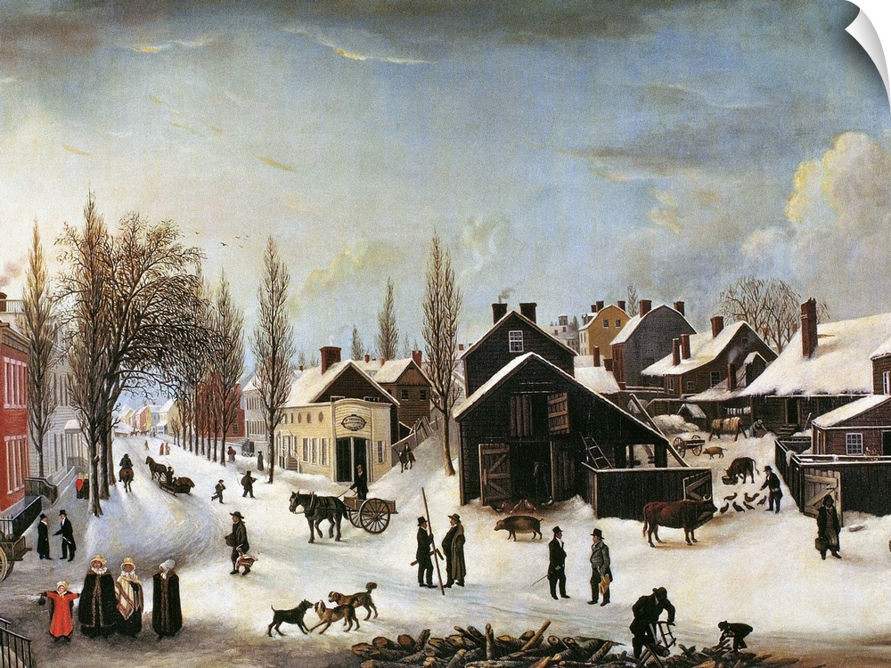 Winter scene in Brooklyn. Oil, c1817-1820, by Louisa Ann Coleman after Francis Guy.