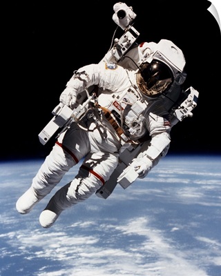 Bruce McCandless floating free from spacecraft in orbit, 1984