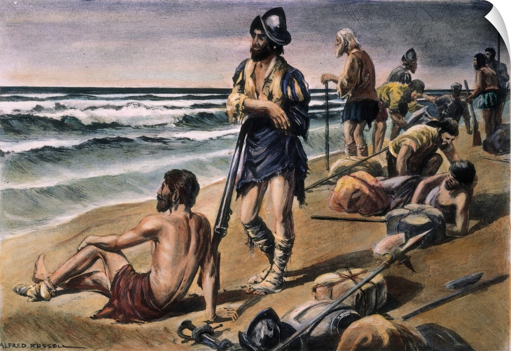 Alvar Nunez Cabeza de Vaca and his men during their eight-year trek between the Gulf of Mexico and Mexico City, 1528-36. I...