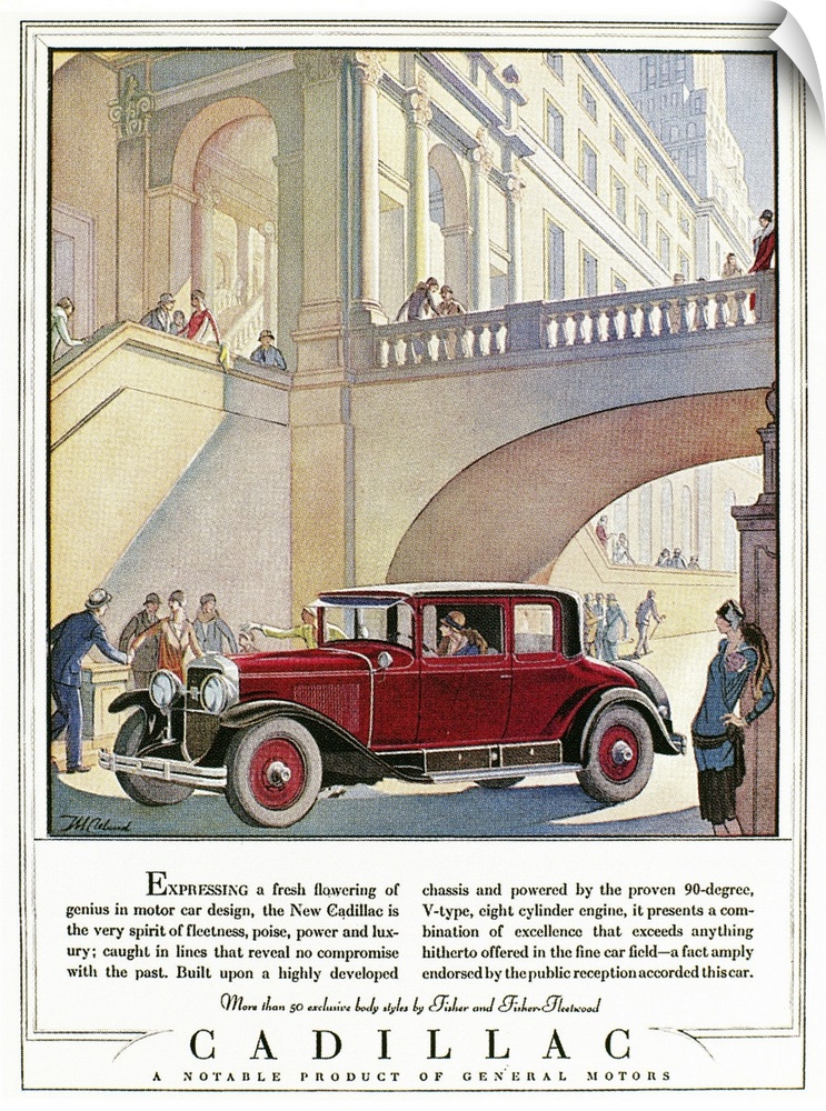 Cadillac automobile advertisement by J.M. Cleland from an American magazine, 1928.