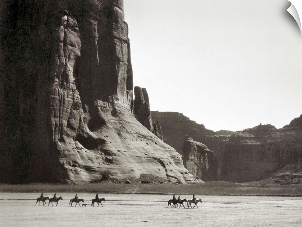 Canyon De Chelly, 1904. Navajo Native Americans On Horseback In the Canyon De Chelly, Arizona. Photographed By Edward S. C...
