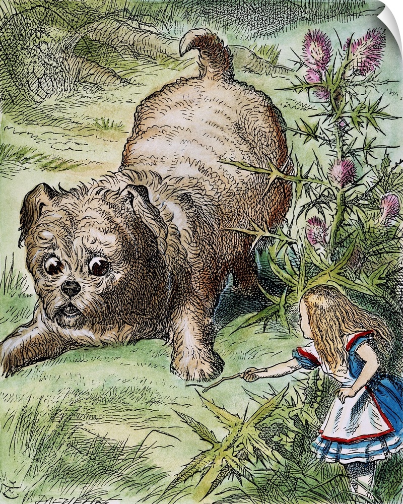 Alice encounters the enormous puppy: after the design by Sir John Tenniel for the first edition of Lewis Carroll's Alice's...