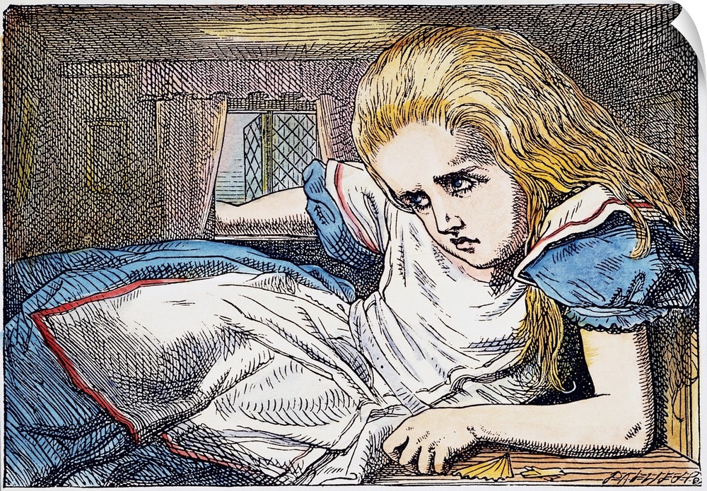Alice grows out of the room. After the design by Sir John Tenniel for the first edition of Lewis Carroll's 'Alice's Advent...