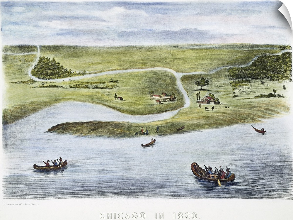 Chicago, 1820. Chicago As It Looked In 1820, With Jean Baptiste Pointe Du Sable's Somewhat Improved Cabin On the Right. Li...