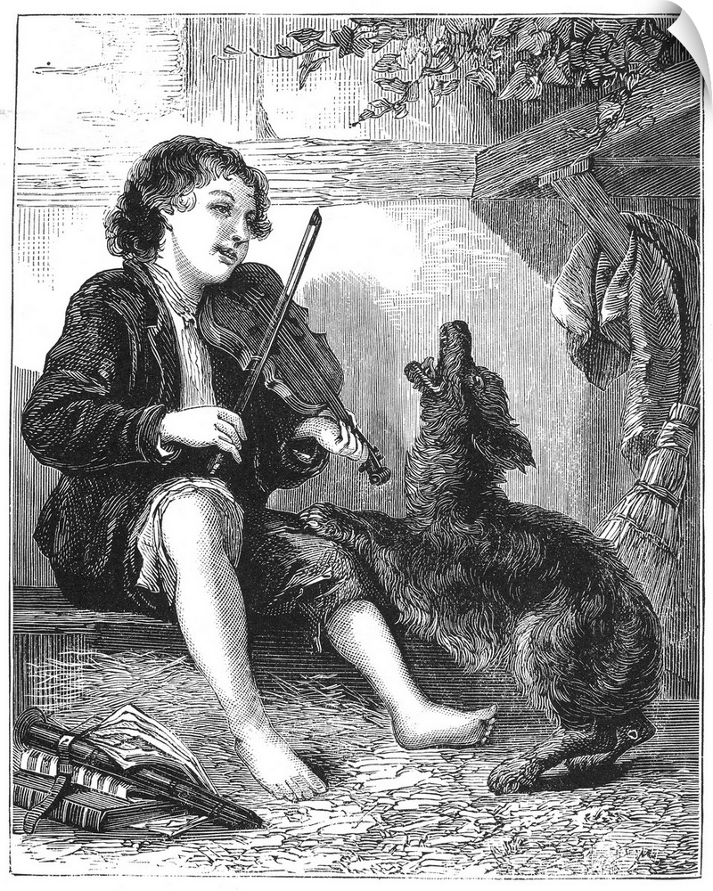 Child Playing Violin. Wood Engraving, American, Late 19th Century.
