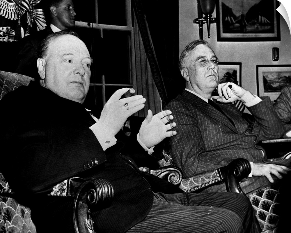 Prime Minister Winston Churchill and President Franklin D. Roosevelt photographed during a press conference in Washington,...