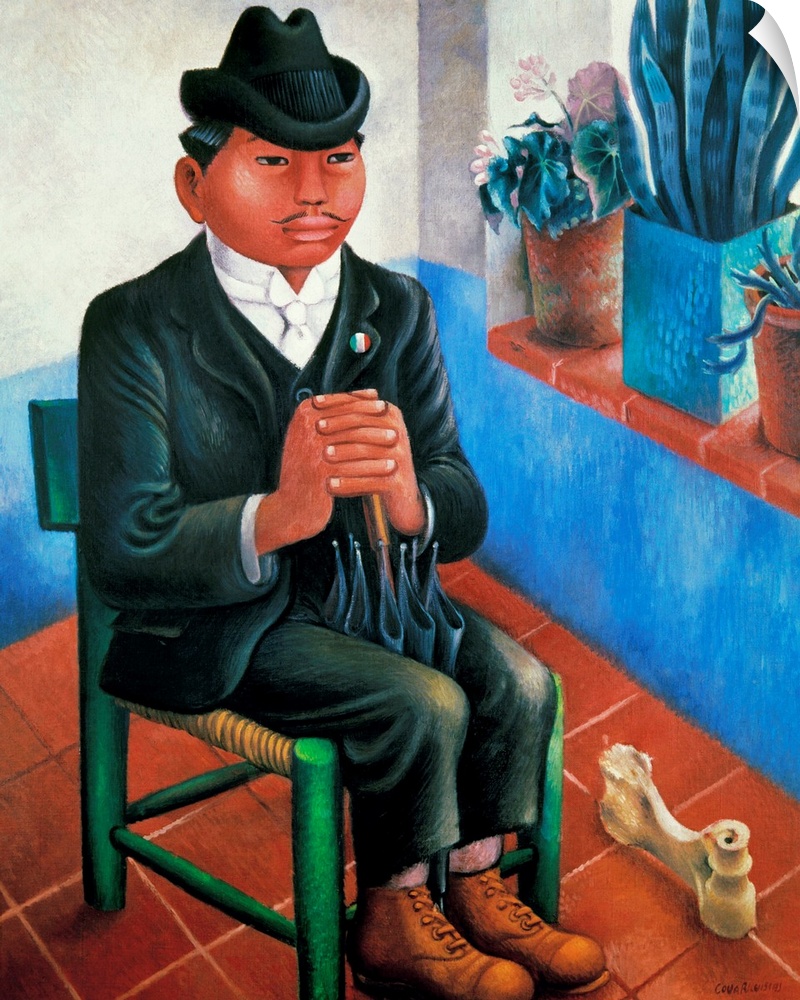 'The Bone' or 'The Rural Schoolteacher.' Satirical depiction of an indiginous Mexican schoolteacher in modern western clot...