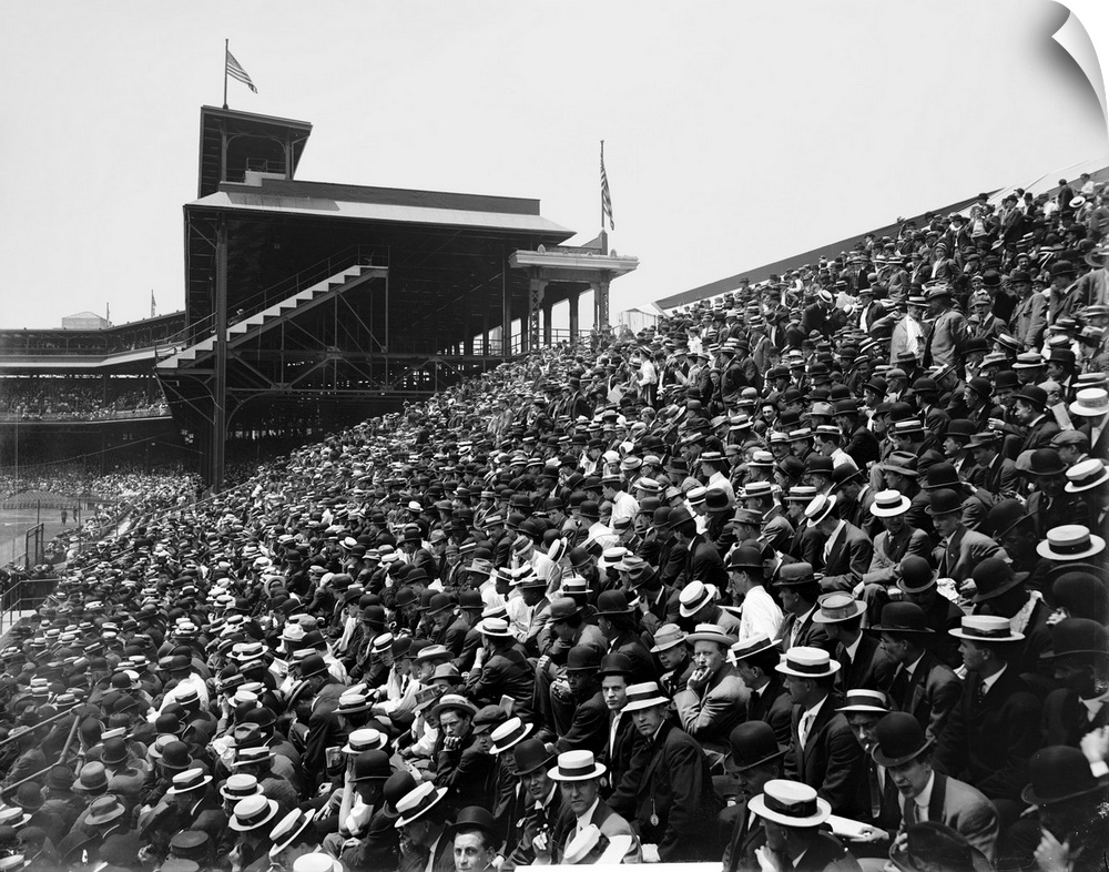 Crowd in the bleachers section at a baseball game at Forbes Field in Pittsburgh, Pennsylvania. Photograph, c1910.