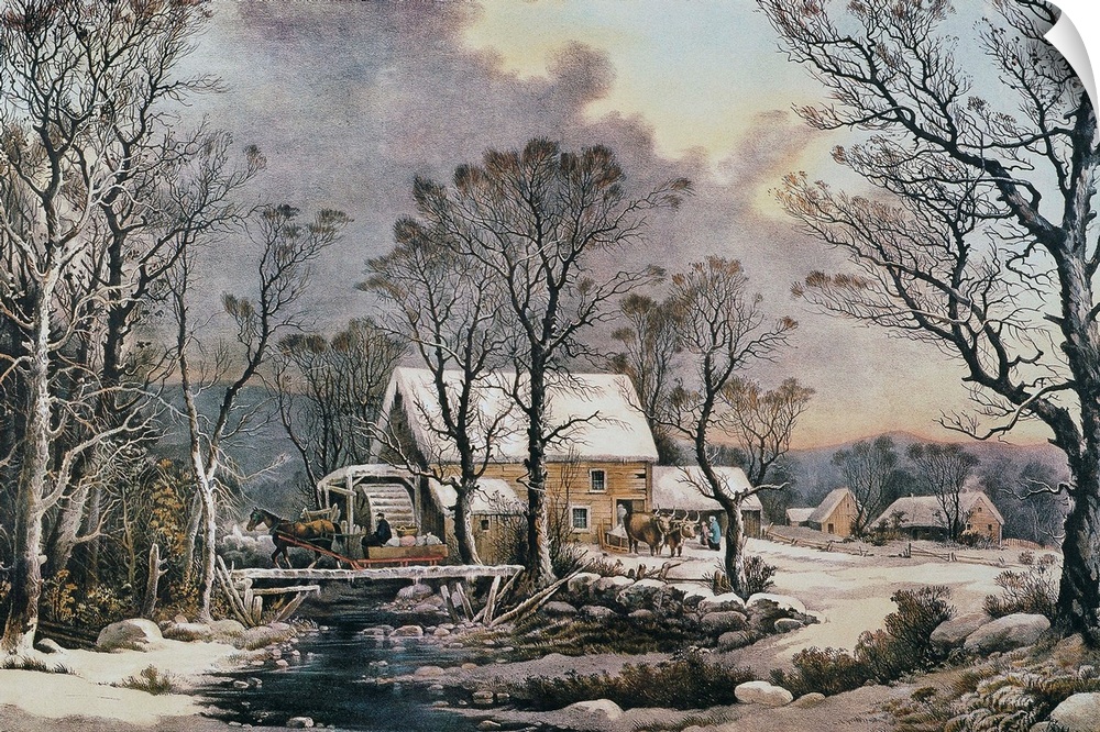 Currier and Ives, Winter Scene. 'Winter In the Country, the Old Grist Mill.' Lithograph, 1864, By Currier and Ives.