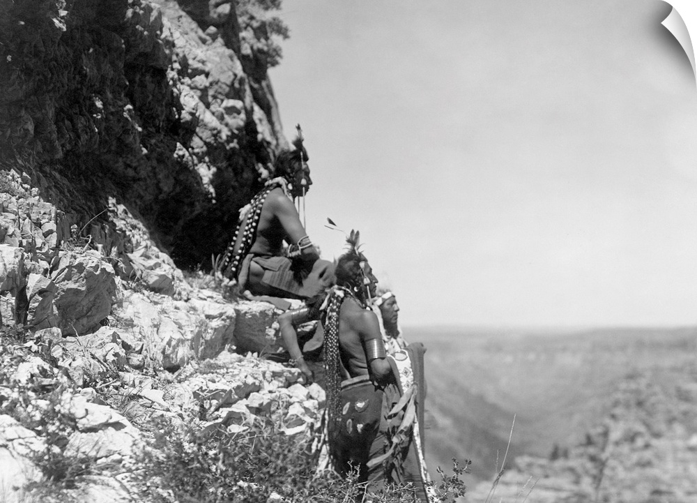 Curtis, Crow Men, C1905. three Crow Native Americans Standing On the Edge Of A Cliff In Montana. Photograph By Edward Curt...