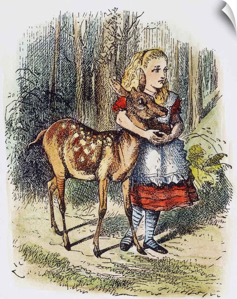 Alice and the fawn. Illustration by Sir John Tenniel from the first edition of Lewis Carroll's 'Through the Looking Glass,...