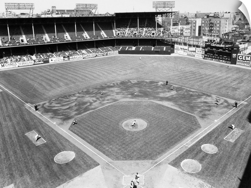 Aerial view of Ebbets Field in Brooklyn, New York, during an exhibition game between the New York Yankees (in the field) a...