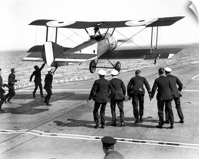 Edwin Harris Dunning landing his Sopwith Pup biplane on the HMS Furious