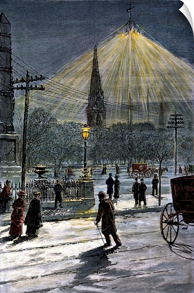 One of the first electric streetlights in New York City, erected at Madison Square in 1881. Wood engraving, American, 1882.