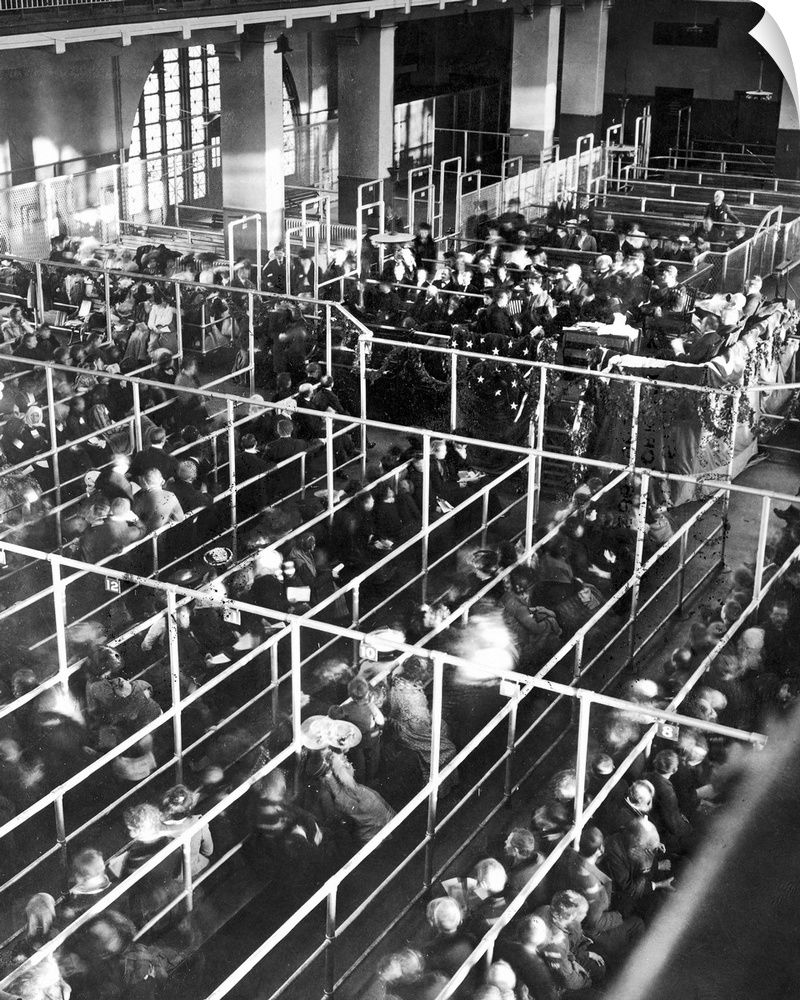 Clearance lines in the registry room of the immigration station in New York Harbor, Christmas 1906.