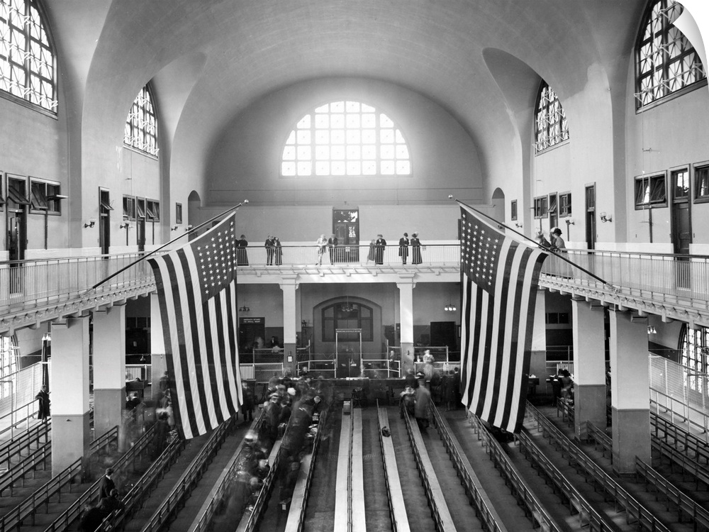 The 'Great Hall' at the immigration station in New York Harbor, where medical inspectors checked the arrivals. Photograph,...