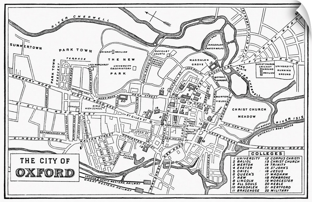 England, Map Of Oxford. Map Of Oxford, England, Including the Campus Of Oxford University, C1885.